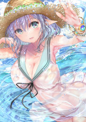 Rule 34 | 1girl, :d, absurdres, aqua eyes, armpits, arms up, bracelet, breasts, cleavage, collarbone, dress, elf, flower, hair between eyes, hat, hat flower, highres, jewelry, large breasts, looking at viewer, navel, no bra, ogata tei, open mouth, original, partially submerged, pointy ears, sailor dress, see-through, short hair, smile, solo, straw hat, water, water drop, wet, wet clothes, white dress