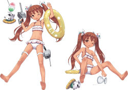 Rule 34 | 1girl, ;d, bare shoulders, barefoot, bikini, bow, brown eyes, brown hair, dark-skinned female, dark skin, drink, fallen down, fang, feet, food, full body, gun, hair bow, hair ornament, hair ribbon, holding, holding gun, holding weapon, innertube, jiji (aardvark), kantai collection, libeccio (kancolle), long hair, looking at viewer, navel, official art, one eye closed, open mouth, ribbon, shaved ice, simple background, smile, soles, solo, swim ring, swimsuit, thigh strap, transparent background, turret, twintails, weapon, white bikini