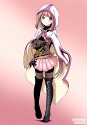 Rule 34 | 1girl, artist request, blunt bangs, boots, braid, cross-laced footwear, full body, gradient background, highres, hood, lace-up boots, long hair, magia record: mahou shoujo madoka magica gaiden, mahou shoujo madoka magica, miniskirt, pantyhose, pink background, pink eyes, pink hair, side braid, simple background, skirt, solo, tamaki iroha, thigh boots, thighhighs, very long hair