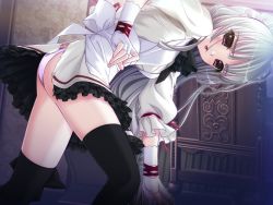 Rule 34 | 1girl, :o, apron, ass, bent over, black thighhighs, blunt bangs, blush, embarrassed, fingerless gloves, frills, game cg, gloves, hell guide, indoors, konohana amadu, long hair, looking back, m no violet, maid, maid apron, maid headdress, open mouth, panties, purple eyes, ribbon, santa matsuri, silver hair, solo, surprised, thighhighs, thighs, torn clothes, underwear, very long hair, wardrobe malfunction, white panties