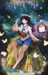 Rule 34 | 1girl, absurdres, black hair, blush, character request, flower, flower on head, gmg, hair ornament, highres, long hair, maplestory, shoes, sitting, smile, solo