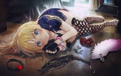 Rule 34 | 1girl, ahoge, anal tail, backlighting, bad id, bad pixiv id, ball gag, black necktie, blonde hair, blue dress, blue eyes, blush, bound, breasts, butt plug, cat o&#039; nine tails, cleavage, cuffs, dress, fake tail, feet, fingerless gloves, gag, gloves, goyain, hachimiya meguru, highres, idolmaster, idolmaster shiny colors, large breasts, legs, long hair, looking at viewer, lying, necktie, nipple clamps, on side, police, police uniform, policewoman, restrained, sex toy, solo, swept bangs, tail, thighhighs, uniform, whip, wiffle gag