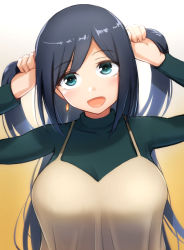 Rule 34 | 1girl, beige dress, blue eyes, blue hair, breasts, commentary request, gradient background, green sweater, hhh (wave), kantai collection, large breasts, long hair, looking at viewer, official alternate costume, smile, solo, souryuu (kancolle), sweater, turtleneck, twintails, upper body, white background, yellow background
