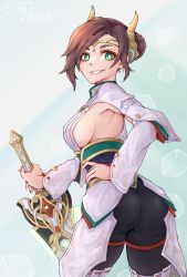 Rule 34 | 1girl, :d, alexandria (xenoblade), ass, asymmetrical bangs, black bodysuit, bodysuit, boots, braid, breasts, brown hair, circlet, cleavage, eondriver, french braid, green eyes, grin, hair bun, hand on own hip, highres, holding, holding sword, holding weapon, horns, japanese clothes, kimono, long sleeves, looking at viewer, looking back, makeup, medium breasts, nail polish, open mouth, sideboob, smile, solo, sword, teeth, thigh boots, thighhighs, thighs, weapon, xenoblade chronicles (series), xenoblade chronicles 3