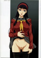 Rule 34 | 1girl, amagi yukiko, black eyes, black hair, breasts, censored, clothes lift, groin, gun, hairband, highres, large breasts, legs, long hair, long sleeves, looking at viewer, mosaic censoring, no panties, pantyhose, parted lips, persona, persona 4, pussy, school uniform, skirt, skirt lift, smile, solo, standing, submachine gun, thighs, undressing, weapon