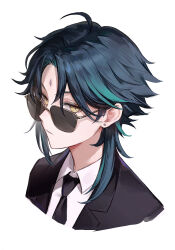 Rule 34 | 1boy, aamoooon e, alternate costume, black hair, black necktie, closed mouth, collared shirt, cropped shoulders, ear piercing, facial mark, forehead mark, genshin impact, green hair, hashtag-only commentary, highres, jacket, looking at viewer, male focus, multicolored hair, necktie, piercing, shirt, simple background, solo, sunglasses, upper body, white background, white shirt, xiao (genshin impact), yellow eyes