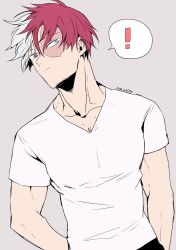 Rule 34 | !, 1boy, agehrak, blue eyes, boku no hero academia, burn scar, dated, grey background, grey eyes, heterochromia, highres, looking at viewer, male focus, multicolored hair, red hair, scar, scar on face, shirt, simple background, solo, split-color hair, spoken exclamation mark, todoroki shouto, two-tone hair, upper body, v-neck, white hair, white shirt