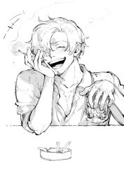 Rule 34 | 1boy, cigarette, curly eyebrows, drink, facial hair, hair over one eye, highres, holding, holding cigarette, lampppppw, male focus, one piece, open mouth, sanji (one piece), smile, smoking