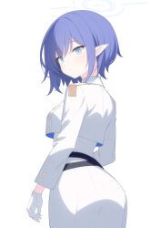 Rule 34 | 1girl, absurdres, aoi (blue archive), ass, blue archive, blue eyes, blue hair, breasts, closed mouth, commentary request, cropped jacket, dress, from behind, gloves, halo, highres, jacket, jyt, long sleeves, looking at viewer, looking back, medium breasts, pointy ears, simple background, solo, white background, white dress, white gloves, white jacket