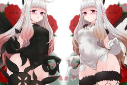 Rule 34 | 2girls, absurdres, airy (bravely default), anne (bravely second), antenna hair, black gloves, black leotard, black thighhighs, blue eyes, blush, bravely default: brilliant lights, bravely default: flying fairy, bravely default (series), bravely second: end layer, breasts, brown eyes, butterfly wings, commission, commissioner upload, covered navel, fairy, fairy wings, flower, fur trim, gloves, groin, gulp5959, highres, insect wings, leotard, long hair, looking at viewer, multiple girls, pointy ears, rose, skeb commission, small breasts, smile, thighhighs, thighs, white gloves, white hair, white leotard, wings