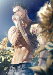 Rule 34 | 1boy, abs, alternate costume, black eyes, black hair, black male underwear, blurry, blurry foreground, clothes lift, cowboy shot, denim, facial scar, flower, golden kamuy, highres, jeans, lifted by self, looking at viewer, male focus, male underwear, navel, pants, pectorals, scar, scar on cheek, scar on face, scar on nose, shirt lift, short hair, short sleeves, simple background, smile, solo, spiked hair, sugimoto saichi, sunflower, sweat, toned, toned male, w55674570w
