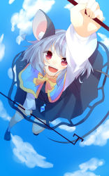 Rule 34 | 1girl, animal ears, arm up, blue sky, blush, capelet, cloud, day, dowsing rod, grey hair, highres, jewelry, koza, kozakura (dictionary), mouse ears, mouse tail, nazrin, open mouth, pendant, red eyes, short hair, skirt, sky, smile, solo, tail, touhou