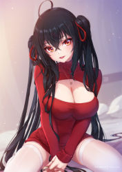 Rule 34 | 1girl, ahoge, azur lane, black hair, breasts, cleavage, cleavage cutout, clothing cutout, crossed bangs, hair between eyes, hair ribbon, holding, large breasts, long hair, long sleeves, looking at viewer, mitsu (mitsu art), nail polish, open mouth, pink nails, red eyes, red ribbon, red sweater, ribbon, sitting, smile, solo, sweater, taihou (azur lane), thighhighs, turtleneck, turtleneck sweater, twintails, v arms, very long hair, white thighhighs