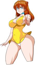 Rule 34 | 1girl, absurdres, alcione makoto, alternate breast size, bare legs, blue eyes, breasts, cleavage, clothes lift, covered navel, dress, dress lift, highres, index finger raised, large breasts, legs, lips, neon genesis evangelion, orange hair, panties, short dress, solo, souryuu asuka langley, sundress, thick thighs, thighs, tsundere, underwear, white panties, wide hips, yellow dress