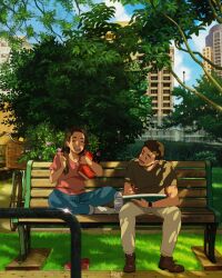 Rule 34 | 1boy, 1girl, absurdres, artist name, bench, bicycle, black eyes, book, bottle, brown hair, brown shirt, building, closed eyes, closed mouth, commentary, commission, crossed legs, day, drawing, english commentary, facial hair, goatee, highres, holding, holding book, holding pencil, kzart, leaf, long hair, looking at another, open mouth, original, outdoors, park, park bench, pencil, pink shirt, shadow, shirt, short hair, sitting, smile, socks, teeth, tongue, tree, watch, water bottle, white socks, wristwatch