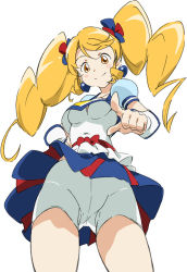 Rule 34 | 10s, 1girl, alternate form, bike shorts, bike shorts under skirt, blonde hair, blue skirt, bow, cure honey, cure honey (popcorn cheer), earrings, from below, hair ornament, hairpin, happinesscharge precure!, jewelry, long hair, magical girl, multicolored clothes, multicolored skirt, oomori yuuko, precure, shorts, shorts under skirt, skirt, smile, solo, twintails, umanosuke, upskirt, waist bow, white background, wrist cuffs, yellow eyes