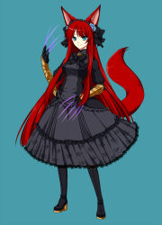 Rule 34 | 1girl, animal ears, black dress, black footwear, black gloves, blue background, boots, claws, commentary request, dress, flower, fox, fox ears, fox tail, frilled hairband, frills, gloves, hair flower, hair ornament, hairband, hand up, haruaki (konshin), high heel boots, high heels, konshin, legs apart, long hair, long sleeves, looking at viewer, original, red hair, simple background, smile, solo, tail, thigh boots, thighhighs, vambraces, very long hair