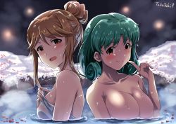 Rule 34 | 2girls, absurdres, artist name, blurry, blurry background, blush, breasts, brown eyes, closed mouth, collarbone, curly hair, from side, green hair, hair between eyes, hand up, highres, idolmaster, idolmaster million live!, large breasts, light brown hair, light smile, looking at viewer, medium breasts, multiple girls, naked towel, nude, onsen, open mouth, outdoors, partially submerged, short hair, smile, snow, sparkle, steam, takatsuki p, tenkuubashi tomoka, tokugawa matsuri, towel, upper body, water, wet, wet hair, white towel
