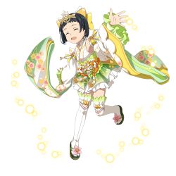 Rule 34 | 1girl, :d, aged down, black hair, bow, diadem, closed eyes, floral print, full body, hair bow, highres, japanese clothes, kimono, kirigaya suguha, leg up, long sleeves, official art, open mouth, outstretched arms, print bow, print sleeves, short hair, short kimono, skirt, sleeveless, sleeveless kimono, smile, solo, standing, standing on one leg, sword art online, tabi, thighhighs, transparent background, white skirt, white thighhighs, wide sleeves, yellow bow