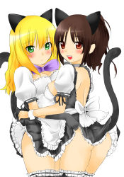 Rule 34 | 2girls, animal ears, ass, bad id, bad pixiv id, bare back, blonde hair, blush, breast press, breasts, brown eyes, brown hair, cat ears, cat girl, cat tail, clothes lift, cowboy shot, derivative work, dress, dress lift, female focus, gloves, green eyes, highres, looking at viewer, looking back, maid, multiple girls, nishiki dango, no panties, original, ponytail, sideboob, smile, symmetrical docking, tail, thighhighs, wrist cuffs, yuri