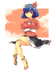 Rule 34 | 1girl, anklet, asa natsume, blue hair, breasts, crossed arms, artistic error, feet, female focus, hair ornament, hairband, jewelry, large breasts, leaf hair ornament, crossed legs, mirror, nail polish, red eyes, sandals, short hair, sitting, solo, toes, touhou, yasaka kanako