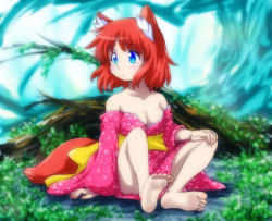 Rule 34 | 1girl, animal ears, bare shoulders, barefoot, blue eyes, blush, breasts, cleavage, dirty, dirty feet, feet, fox ears, fox tail, japanese clothes, kimono, medium breasts, nature, off shoulder, original, red hair, rokuroubuna, short hair, sitting, soles, solo, tail, toes