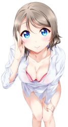 Rule 34 | 1girl, artist name, blue eyes, bra, breasts, cleavage, commentary, grey hair, highres, leaning forward, long sleeves, looking at viewer, love live!, love live! sunshine!!, medium breasts, no pants, partially unbuttoned, red bra, salute, shirt, short hair, solo, surfing orange, underwear, watanabe you, watermark, white shirt