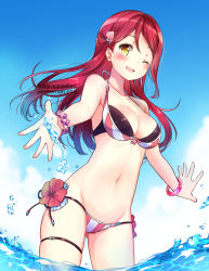 Rule 34 | 1girl, ;d, artist name, bikini, blush, bracelet, breasts, cleavage, commentary, cowboy shot, hair ornament, hairclip, halterneck, highres, jewelry, kaxukin, long hair, looking at viewer, love live!, love live! sunshine!!, medium breasts, navel, one eye closed, open mouth, red hair, sakurauchi riko, shell hair ornament, smile, solo, swimsuit, thigh strap, wading, water, water drop, watermark, yellow eyes