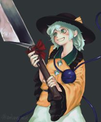 Rule 34 | 1girl, artist name, black hat, blush, bow, commentary request, cowboy shot, envenomist (gengoroumaru), frilled shirt collar, frills, green eyes, green hair, green skirt, grey background, grin, hair between eyes, hat, hat bow, hatchet, highres, holding, holding weapon, komeiji koishi, long sleeves, nata (tool), one-hour drawing challenge, red bow, shirt, short hair, simple background, skirt, smile, solo, standing, third eye, touhou, twitter username, weapon, wide sleeves, yellow bow, yellow shirt