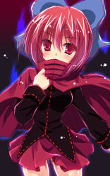 Rule 34 | 1girl, breasts, cape, covered mouth, hair ribbon, red eyes, red hair, ribbon, sekibanki, skirt, solo, touhou, yamu (reverse noise)