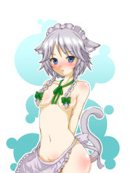 Rule 34 | 1girl, animal ears, apron, arms behind back, blue eyes, blush, braid, cat ears, cat tail, censored, convenient censoring, hair censor, hair over breasts, hair ribbon, ichijiku (isyourguitar), izayoi sakuya, maid headdress, naked apron, navel, ribbon, silver hair, solo, tail, touhou, waist apron