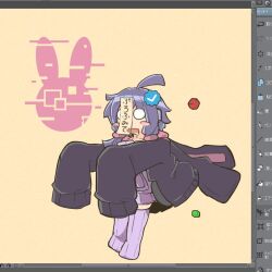 Rule 34 | 1girl, ahoge, art program in frame, black hoodie, blank eyes, blush stickers, chibi, cube, dress, drooling, glitch, hood, hood down, hoodie, jiangshi, no shoes, o o, open clothes, open hoodie, outstretched arms, paper on head, purple dress, purple hair, purple thighhighs, rabbit symbol, sheila ship2, short dress, short hair with long locks, simple background, sleeves past fingers, sleeves past wrists, solo, thighhighs, twitter verified checkmark, unfinished, very long sleeves, vocaloid, voiceroid, yellow background, yuzuki yukari, zombie pose