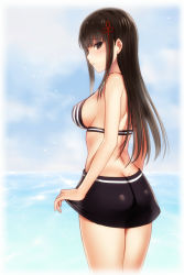 Rule 34 | 10s, 1girl, ass, back, bikini, bikini skirt, black hair, blush, breasts, butt crack, clothes lift, cowboy shot, day, female focus, from behind, green eyes, lifting own clothes, long hair, looking at viewer, medium breasts, ocean, outdoors, parted lips, persona, persona 5, profile, seiru (prairie), sideboob, skirt, skirt lift, solo, swimsuit, thighs, tougou hifumi, water