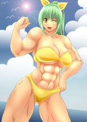 Rule 34 | 1girl, abs, alop-net, bad id, bare shoulders, bikini, breasts, character request, cloud, flexing, green hair, hair ribbon, hand on own hip, highres, hip focus, long hair, looking at viewer, macto, muscular, ocean, one eye closed, open mouth, ponytail, ribbon, smile, solo, source request, swimsuit, water, wink, yellow eyes