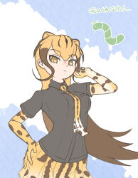 Rule 34 | 1girl, black shirt, blonde hair, blush, brown hair, cheetah ears, cheetah girl, cheetah print, cheetah tail, collared shirt, commentary request, cowboy shot, elbow gloves, extra ears, gloves, hand in own hair, highres, kemono friends, king cheetah (kemono friends), long hair, looking at viewer, multicolored hair, necktie, nokemono-san (bocchi friend), pleated skirt, print gloves, print necktie, print skirt, shirt, short sleeves, sidelocks, skirt, solo, t-shirt, translation request, yellow eyes
