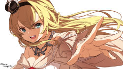 Rule 34 | 1girl, black hairband, blonde hair, blue eyes, braid, commentary request, crown, dress, french braid, hairband, highres, kantai collection, laco soregashi, long hair, long sleeves, mini crown, off-shoulder dress, off shoulder, one-hour drawing challenge, open mouth, round teeth, simple background, solo, teeth, twitter username, upper body, upper teeth only, warspite (kancolle), white background, white dress