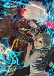 Rule 34 | 1boy, 1girl, bad id, bad pixiv id, brown eyes, clothes around waist, cyborg, ear protection, eyepatch, glowing, glowing sword, glowing weapon, hair ornament, jumpsuit, long hair, metal gear (series), metal gear rising: revengeance, otuwho, parted bangs, protecting, raiden (metal gear), red eyes, sunny emmerich, sword, tank top, weapon, white hair