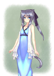 Rule 34 | 1girl, animal ears, bare shoulders, blue eyes, cat ears, cat tail, coffee cat, dress, original, ponytail, sidelocks, silver hair, smile, solo, tail