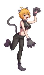 Rule 34 | 1girl, absurdres, ahoge, animal ear fluff, animal ears, animal hands, black footwear, black gloves, black pants, blonde hair, breasts, cat ears, cat tail, commentary request, crop top, fake animal ears, fake tail, full body, fur-trimmed footwear, fur-trimmed gloves, fur-trimmed shirt, fur trim, gloves, hair between eyes, hair flaps, hand up, highres, ibuki tsubasa, idolmaster, idolmaster million live!, jonero99, looking at viewer, medium breasts, navel, one eye closed, open mouth, pants, paw gloves, paw shoes, pink eyes, shirt, short hair, sidelocks, smile, solo, standing, standing on one leg, stomach, tail, thong, white background, zipper