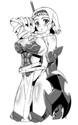 Rule 34 | 1girl, armor, black panties, blush, body blush, braid, breasts, cleavage, curvy, exiled warrior leina, gauntlets, greyscale, hairband, large breasts, leina (queen&#039;s blade), leina (queen's blade), long hair, makinaru, monochrome, panties, queen&#039;s blade, revealing clothes, shield, shiny skin, short hair with long locks, side braid, solo, sword, thong, twin braids, underwear, weapon, wide hips