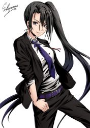 Rule 34 | 1girl, artist name, belt, black hair, black jacket, black pants, buckle, character name, collared shirt, dress shirt, formal, grey eyes, grin, hand on own thigh, hand on thigh, jacket, kantai collection, long hair, looking at viewer, nachi (kancolle), necktie, open clothes, open jacket, pant suit, pants, purple background, purple belt, purple necktie, sakiyamama, shirt, side ponytail, signature, simple background, smile, solo, suit, very long hair, white background, white shirt