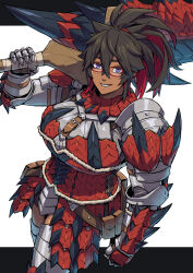 Rule 34 | 1girl, absurdres, armor, black hair, breastplate, breasts, colored inner hair, commentary, crossed bangs, cuirass, english commentary, exaxuxer, faulds, gauntlets, glasses, greaves, guilty gear, guilty gear strive, hair between eyes, highres, holding, holding sword, holding weapon, huge weapon, large breasts, long hair, looking at viewer, monster hunter (character), monster hunter (series), multicolored hair, over shoulder, parody, pauldrons, ponytail, purple eyes, rathalos (armor), red-framed eyewear, red hair, shoulder armor, solo, spiked arm, style parody, sword, two-tone hair, weapon, weapon over shoulder