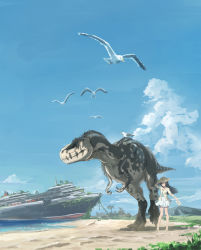 Rule 34 | 1girl, absurdres, animal, ari hinoko, barefoot, beach, bird, black hair, blue eyes, blue sky, blurry, cardigan, cloud, commentary, day, depth of field, dinosaur, hand on headwear, hat, highres, hill, holding, holding shoes, long hair, ocean, one eye closed, original, outdoors, overgrown, palm tree, post-apocalypse, ruins, sand, sandals, scenery, science fiction, seagull, ship, shoes, unworn shoes, size difference, sketch, skirt, sky, standing, sun hat, sunlight, tree, water, watercraft, wide shot, wind