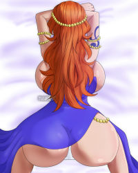 Rule 34 | 1girl, absurdres, all fours, alternate costume, ass, ass focus, backboob, breasts, cleavage, dress, female focus, from behind, highres, huge breasts, large breasts, long hair, musaed art, nami (one piece), nami (one piece) (post-timeskip), nami (one piece) (zou), official alternate costume, one piece, orange hair, panties, pantyshot, purple dress, revealing clothes, short dress, text focus, underwear, very long hair, wide hips