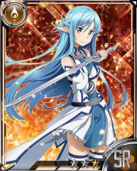 Rule 34 | 10s, 1girl, asuna (sao), asuna (sao-alo), blue eyes, blue hair, blue thighhighs, card (medium), detached sleeves, holding, holding sword, holding weapon, long hair, looking at viewer, matching hair/eyes, pointy ears, smile, solo, star (symbol), sword, sword art online, thighhighs, weapon, zettai ryouiki