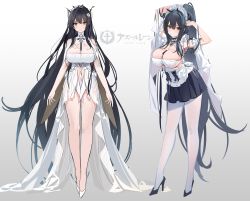 Rule 34 | 1girl, absurdres, arms up, azur lane, bare shoulders, black footwear, black hair, blush, breasts, cleavage, commentary request, concept art, copyright name, dress, flower, full body, gradient background, green eyes, hair ornament, high heels, highres, indomitable (azur lane), indomitable (ms. motivationless maid) (azur lane), kincora, large breasts, logo, long hair, looking at viewer, maid, maid headdress, multiple views, official art, pantyhose, ponytail, simple background, skirt, sleeveless, sleeveless dress, smile, solo, standing, turtleneck, very long hair, white dress, white footwear