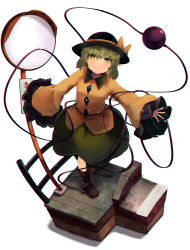 Rule 34 | absurdres, arms at sides, black hat, blush, boots, bow, brown footwear, buttons, collared shirt, commentary, eyeball, frilled sleeves, frills, full body, green eyes, green hair, green skirt, hair between eyes, hands up, hat, hat bow, heart, heart in eye, highres, komeiji koishi, kurowa (curowa), long sleeves, looking up, mosaic background, outstretched arms, pavement, railing, road sign, sett, shirt, short hair, sign, simple background, skirt, smile, spread arms, string, symbol in eye, third eye, touhou, traffic mirror, walking, wavy hair, white background, wide sleeves, yellow bow, yellow shirt