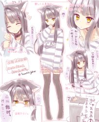 Rule 34 | 1girl, :o, ^ ^, animal ears, arm hug, black hair, black thighhighs, blush, casual, cat day, cat ears, choker, closed eyes, clothes tug, clothes writing, covering face, dated, english text, flying sweatdrops, hair ornament, hairclip, heart, computer keyboard, long hair, monitor, no shoes, original, pillow, sketch, skirt, smile, sparkle, striped clothes, striped sweater, sweater, sweater tug, thighhighs, translation request, trembling, tsukigami runa, twitter username, yellow eyes