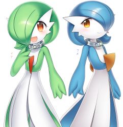 Rule 34 | 2girls, alternate color, blue hair, blue skin, blush, bob cut, character name, closed mouth, collar, colored skin, creatures (company), female focus, flat chest, game freak, gardevoir, gen 3 pokemon, green hair, green skin, hair over one eye, hand on own chest, hand up, happy, japanese text, looking at viewer, lotosu, mega stone, multicolored skin, multiple girls, nintendo, open mouth, orange eyes, pokemon, pokemon (creature), red eyes, shiny and normal, shiny pokemon, short hair, simple background, smile, standing, translated, two-tone skin, white background, white skin