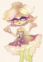 Rule 34 | 1girl, adapted costume, bare shoulders, beige background, black dress, breasts, choker, domino mask, dress, female focus, frilled dress, frills, gloves, green pantyhose, grey hair, half-closed eyes, hands up, highres, inkling, maplekeurig, marie (splatoon), mask, mole, mole under eye, nintendo, object on head, open mouth, orange eyes, pantyhose, pointy ears, short eyebrows, short hair, simple background, small breasts, solo, splatoon (series), standing, strapless, strapless dress, teeth, tentacle hair, tentacles, white gloves
